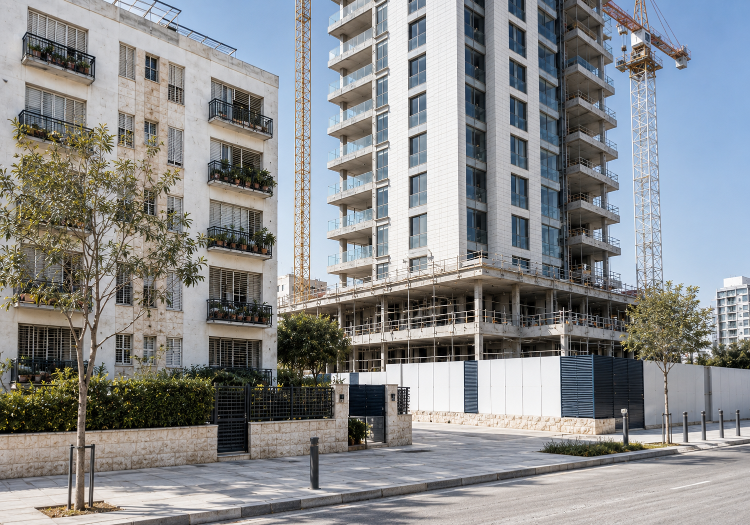 בניין מגורים ותיק לצד פרויקט מגורים חדש במסגרת התחדשות עירונית