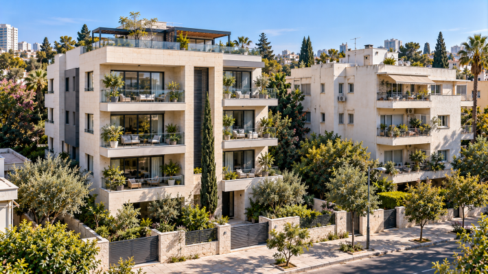 שני בנייני מגורים סמוכים בישראל בעלי מאפיינים שונים, להמחשת מחלוקת על שווי עסקה במיסוי מקרקעין